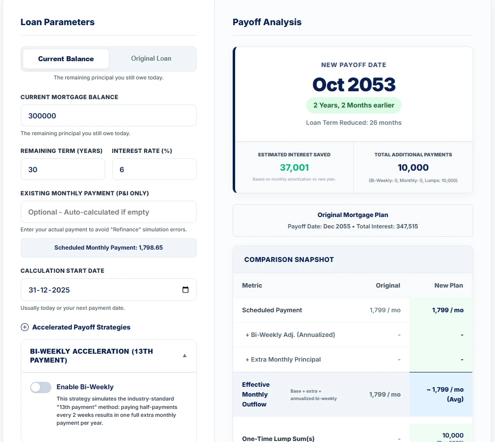 Example showing how a 10,000 lump sum mortgage payment in year 3 reduces loan term by over two years and saves interest