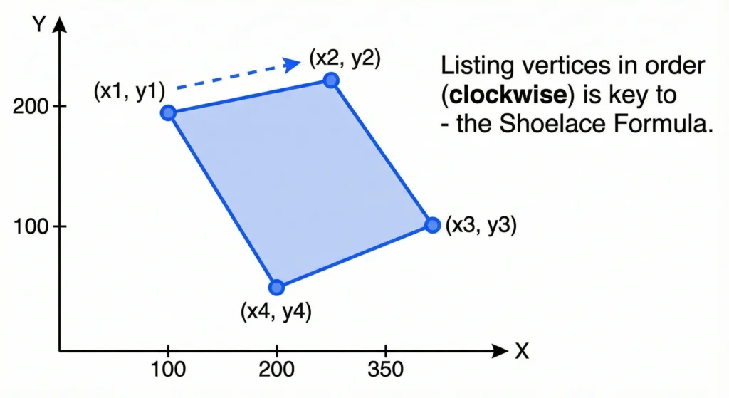 Coordinate Geometry and the Shoelace Formula A mathematical graph showing a polygon plotted on an X and Y axis. The polygon's four vertices are marked with blue dots and labeled with coordinates (x1, y1) through (x4, y4). A dashed blue arrow indicates a clockwise path connecting the points. Side text notes that listing vertices in order is key to using the Shoelace Formula for area calculation.