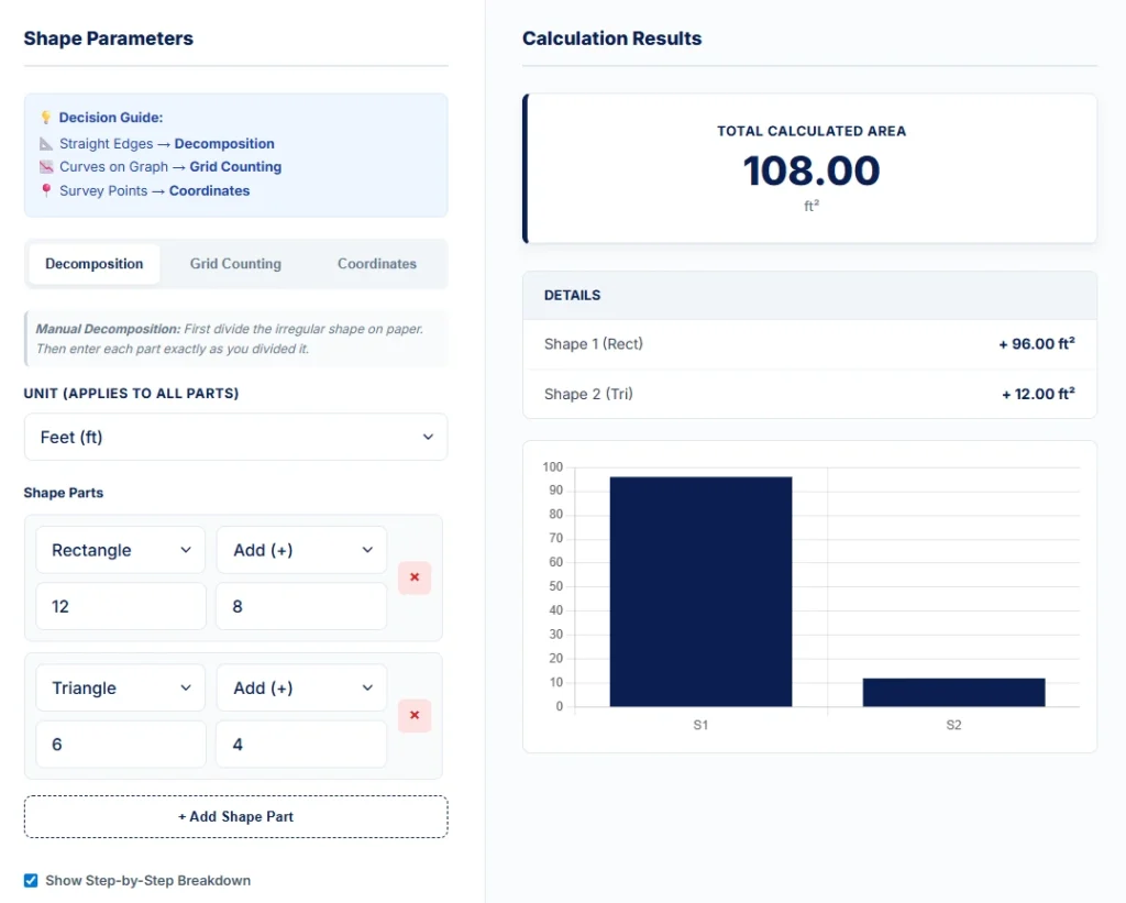 Irregular L-Shaped Room Area Calculation L-shaped room divided into a rectangle and a triangle for area calculation